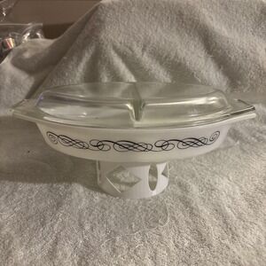 Pyrex Divided Serving Dish 1.5 Quart Black Scroll Vintage with Lid